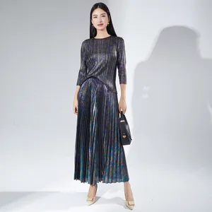 2025 Latest Shiny Metallic Pleated Set Sparkling Polyester Shirt Top and Flowy Pleated Skirt 2-Piece Casual Ensemble