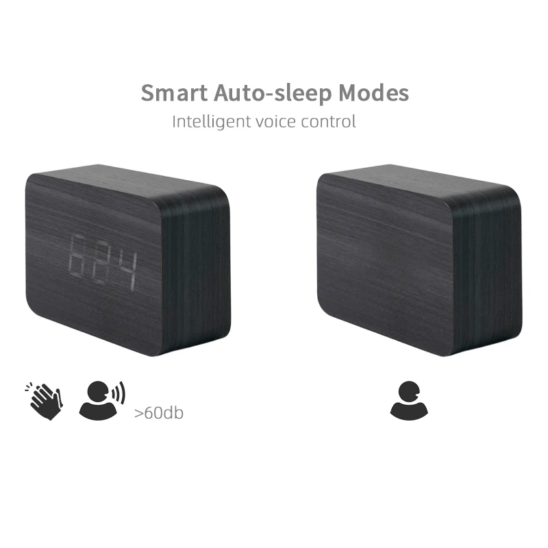 New Product Wood Look Alarm Function Indoor Temperature Voice-activated LED Smart Digital Clock