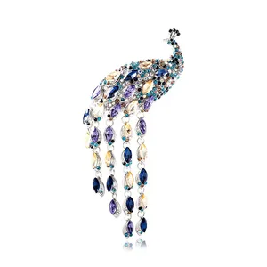 Light Luxury Retro Large Style Diamond Brooch Pin Long Tail Peacock Tassel Corsage for High-End Clothing Factory Fashion