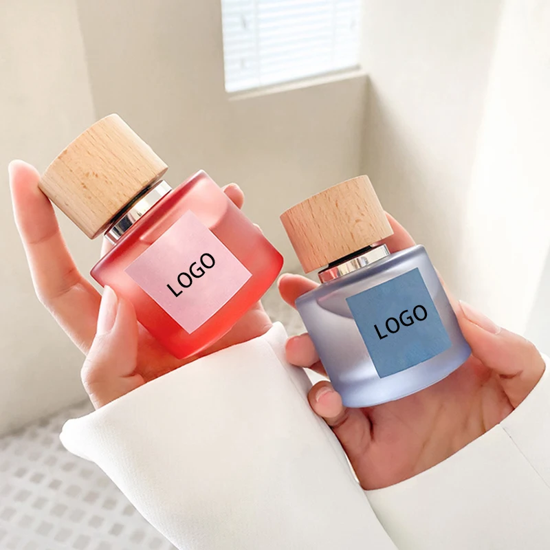 High End Round Frosted Clear Custom Perfume Bottle 30ml 50ml 100ml Empty Luxury Perfume Bottle With Wooden Cap