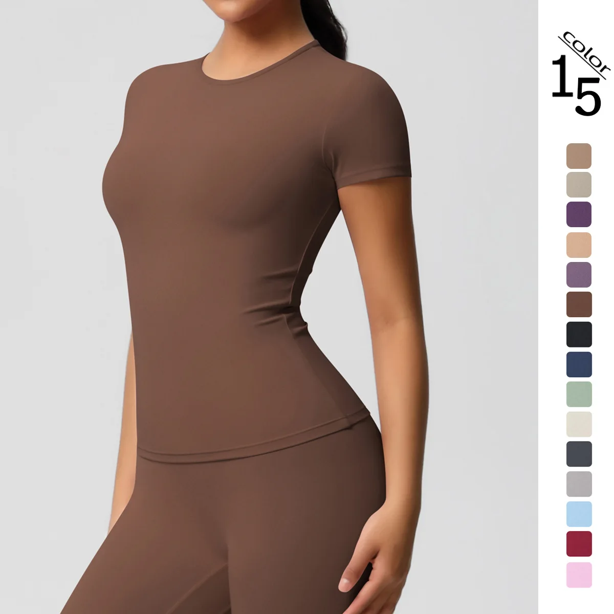 Stock Solid Color Double-sided Brushed Tight Breathable Spandex/Nylon Sports Short-sleev