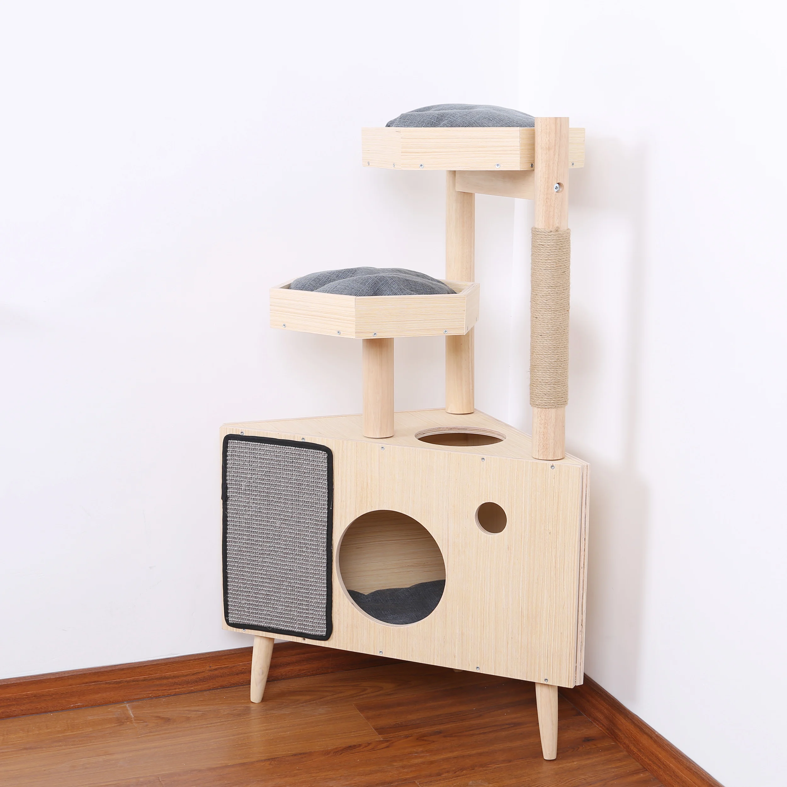 Torre para gatos multifuncional, mueble moderno de madera de alta