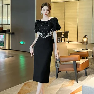 ZYHT 21148 Beads Luxury Rhinestone Long Lilac Lace Patchwork Puff Short Sleeve Evening Party Elegant Dresses for Women