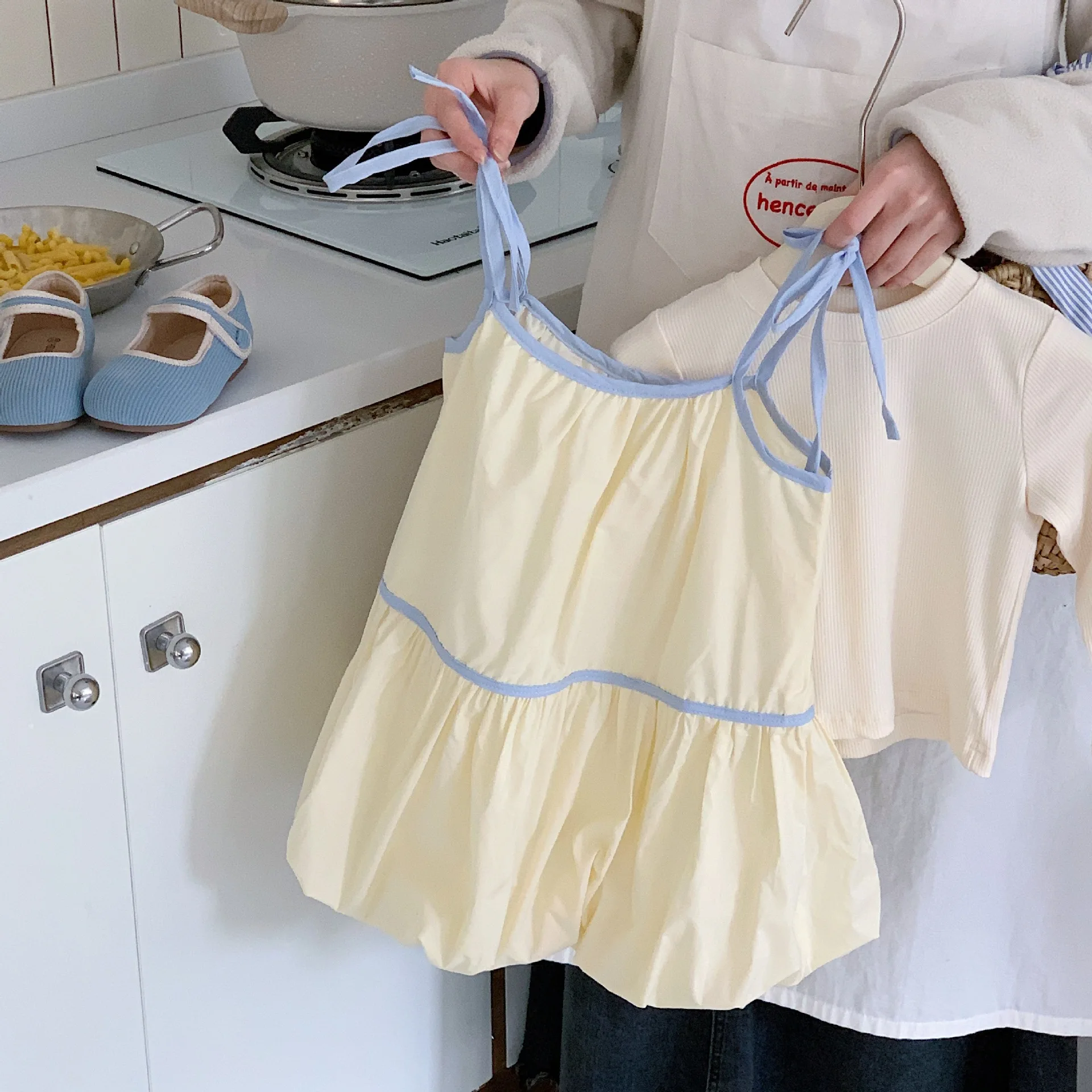 Summer Custom Color Suspender Linen Cotton Baby Toddler Dresses Set Cute Versatile Casual Light Yellow Cute Dresses Kids Girl