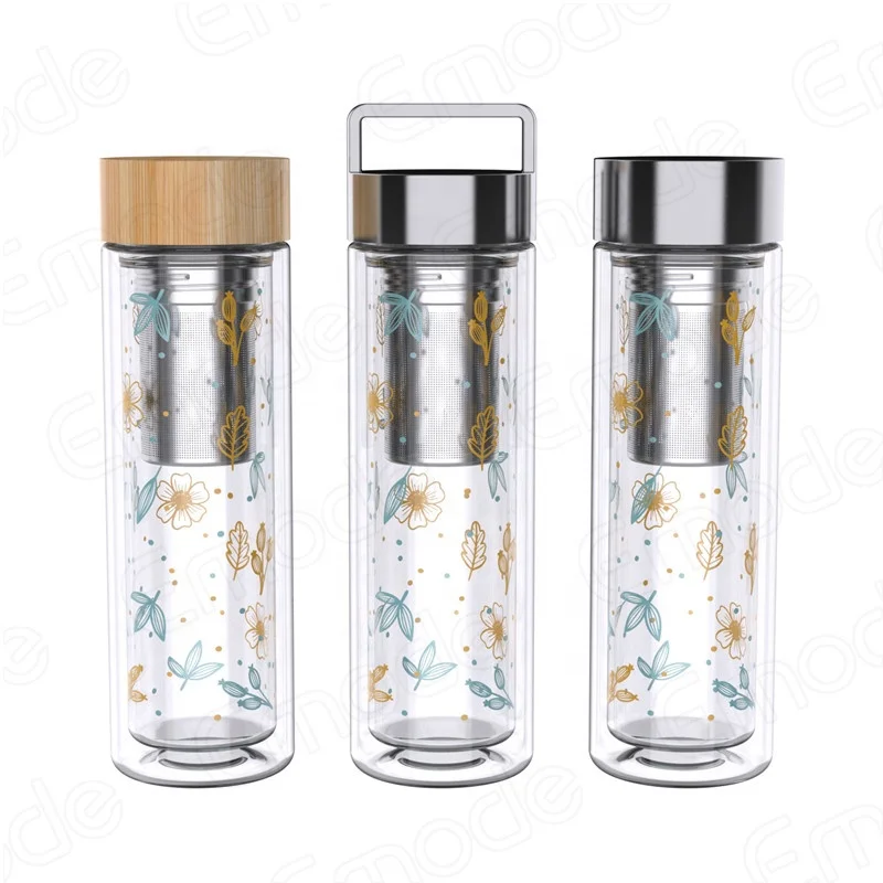 Top Seller Double Wall Tea Tumbler Borosilicate Glass Wood Lid Glass Bottle  With Tea Infuser Thermos Vacuum Flask