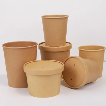 Hot Sale Disposable Waterproof and Oil Proof Food Grade Kraft Paper Hot Soup Cup Soup Bucket Food Container