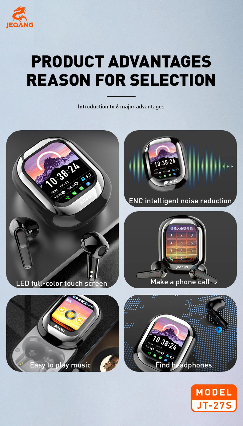 Jeqang-27S TWS BT Wireless In-Ear Earphones Smart Touch Screen Noise Cancelling Headphones Supports WeChat WhatsApp Messages