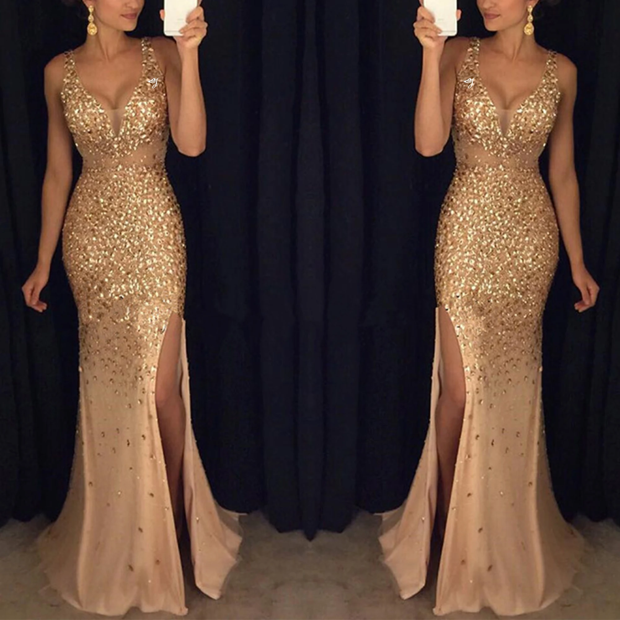 Fast Shipping Wholesale Customized V-Neck Slit Gold Sprinkles Woman Long Open Sexy Boobs Party Night Dress