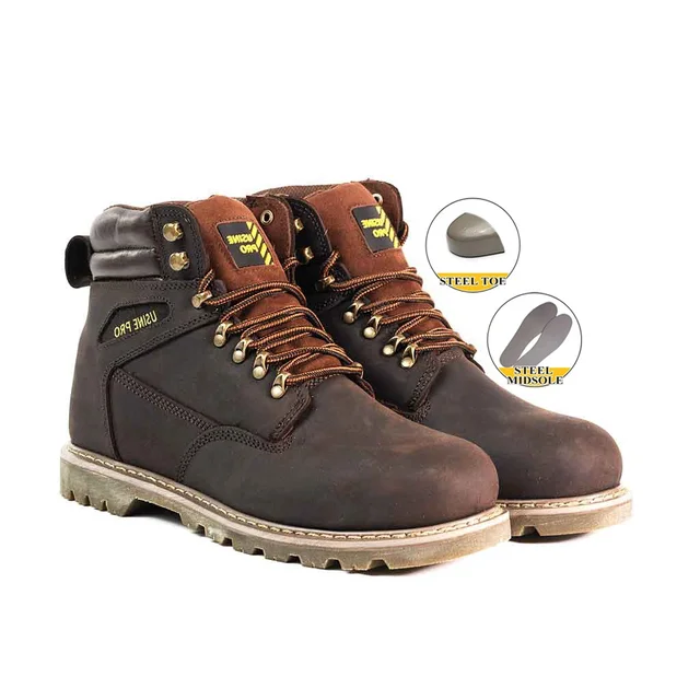 Factory Price Cowboy Working Safety Shoes Industry Construction Steel Toe Steel Midsole Crazy Horse Leather Goodyear Welt Boots
