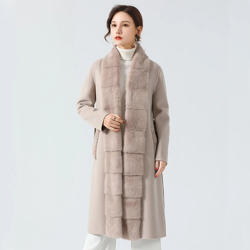 Latest Cashmere Jacket With Mink Fur Trim Handmade Women Coat Real