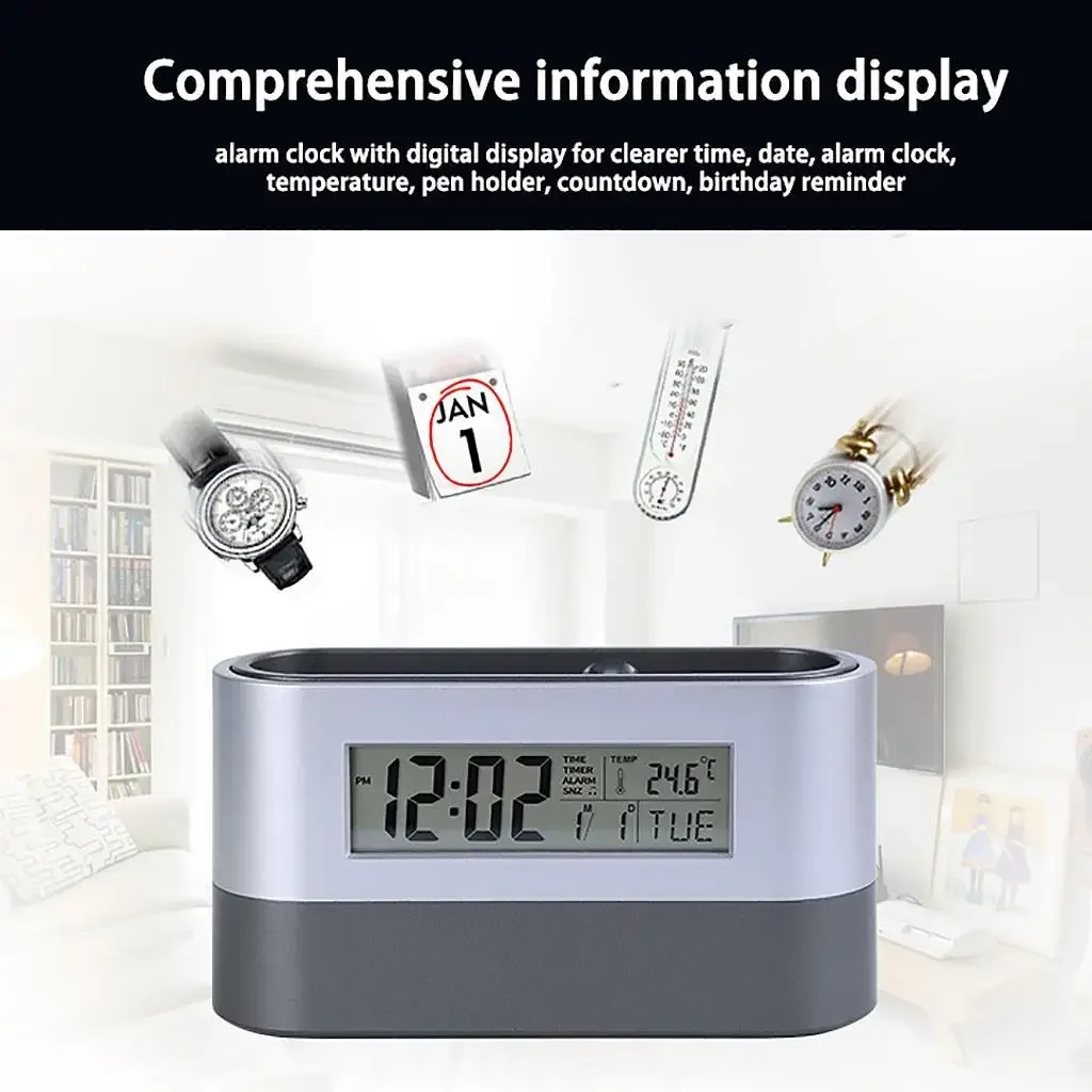 Advertisement LCD Digital Table Music Alarm Pen Holder Calendar Clock