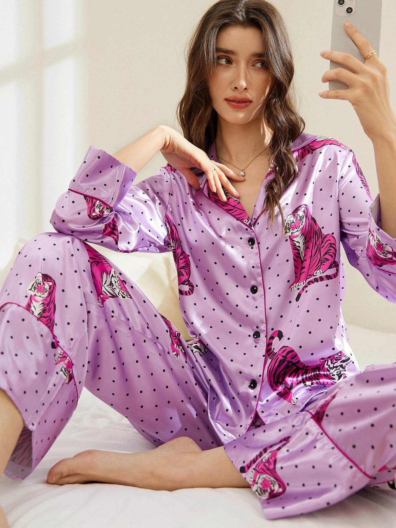 Pigiama in seta con stampa pigiama in raso da donna in due pezzi