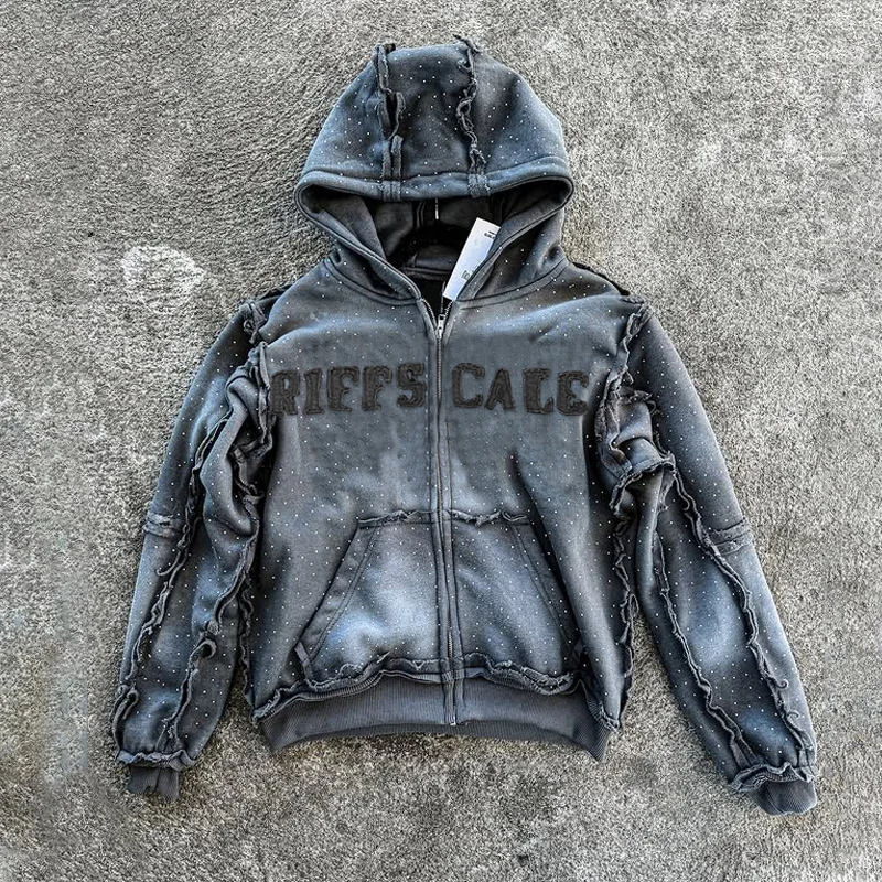 Custom Logo High Quality French Terry Rhinestone Sweatpants and Hoodie Jogger Set Zip up Acid Wash Sun Faded Hoodie Set Men gallery 3