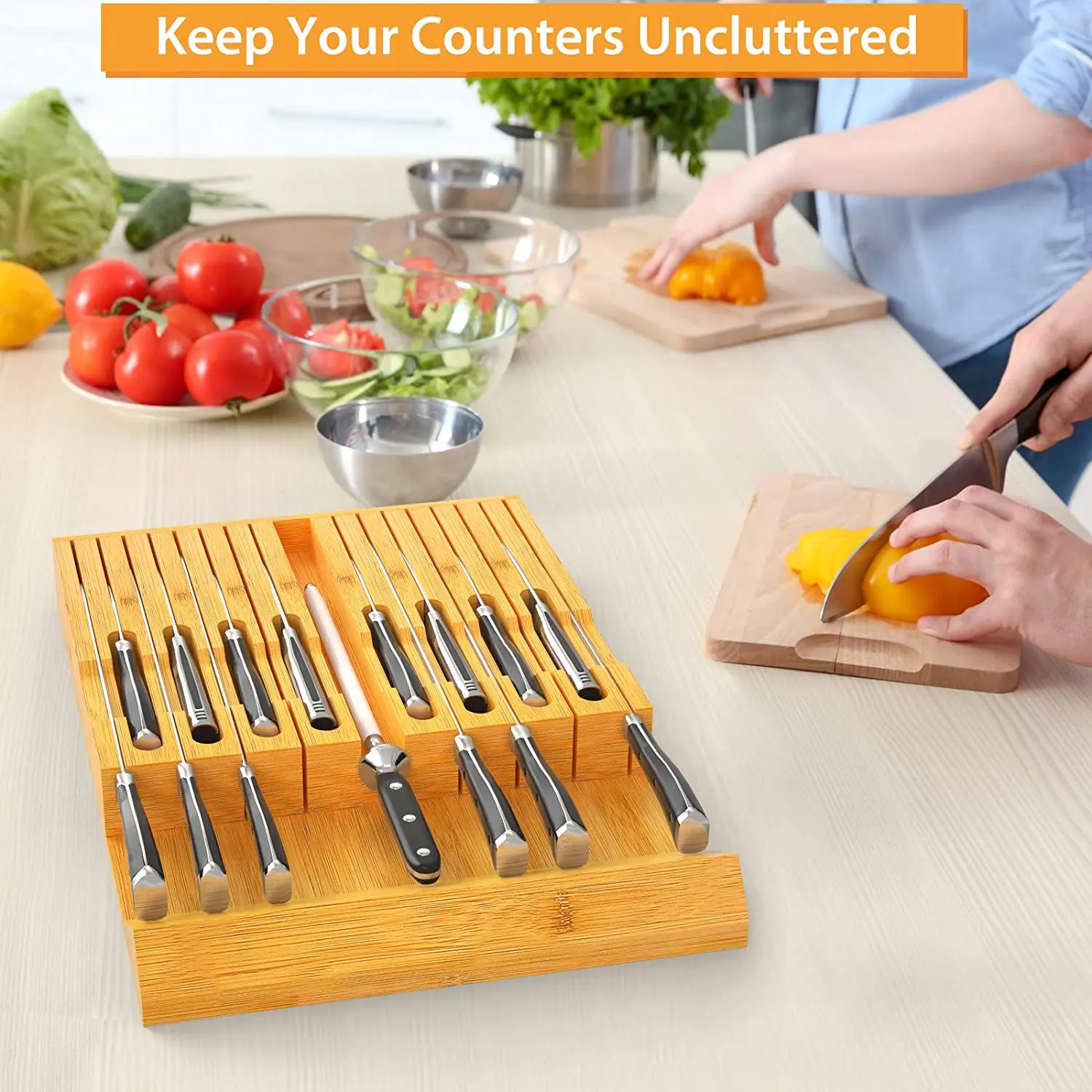 Drawer Knife Block Bamboo Kitchen Knife Drawer Organizer,Large Handle