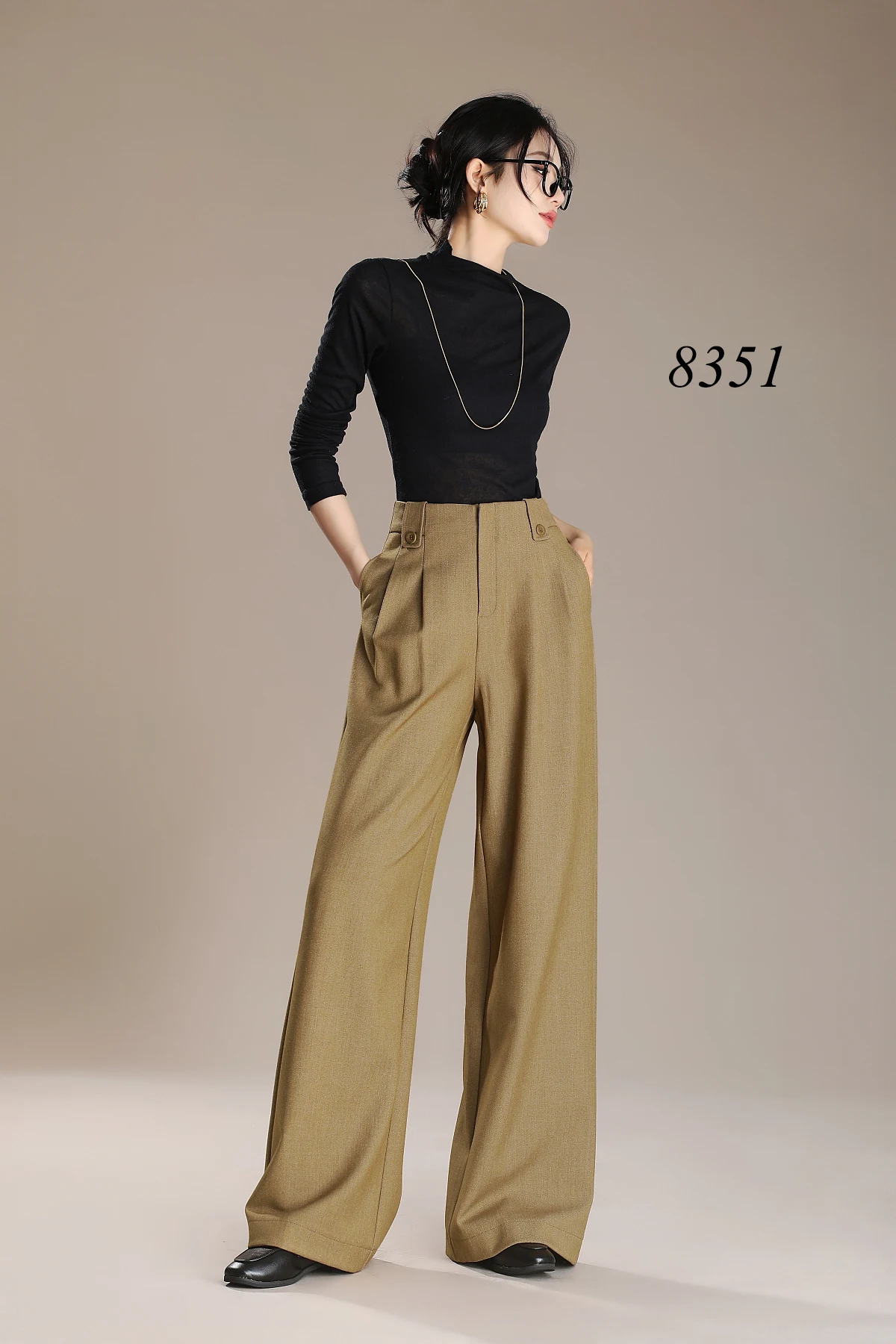 Women's High Mid Waist Office Pants Autumn Winter Wide Leg Straight Long Trousers for Ladies