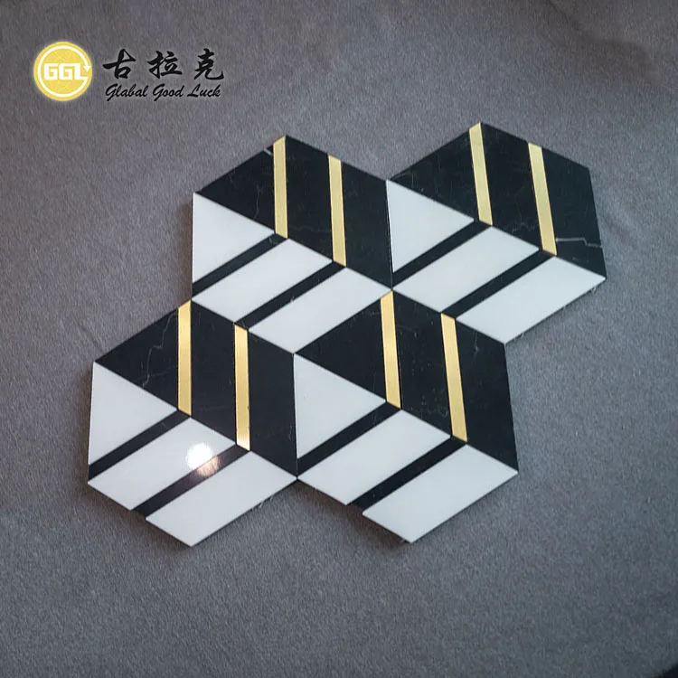 Marble Mix Brass Mosaic Tile for Villa Hotel Project Wall Decoration Black White Hexagon Tile With Metal