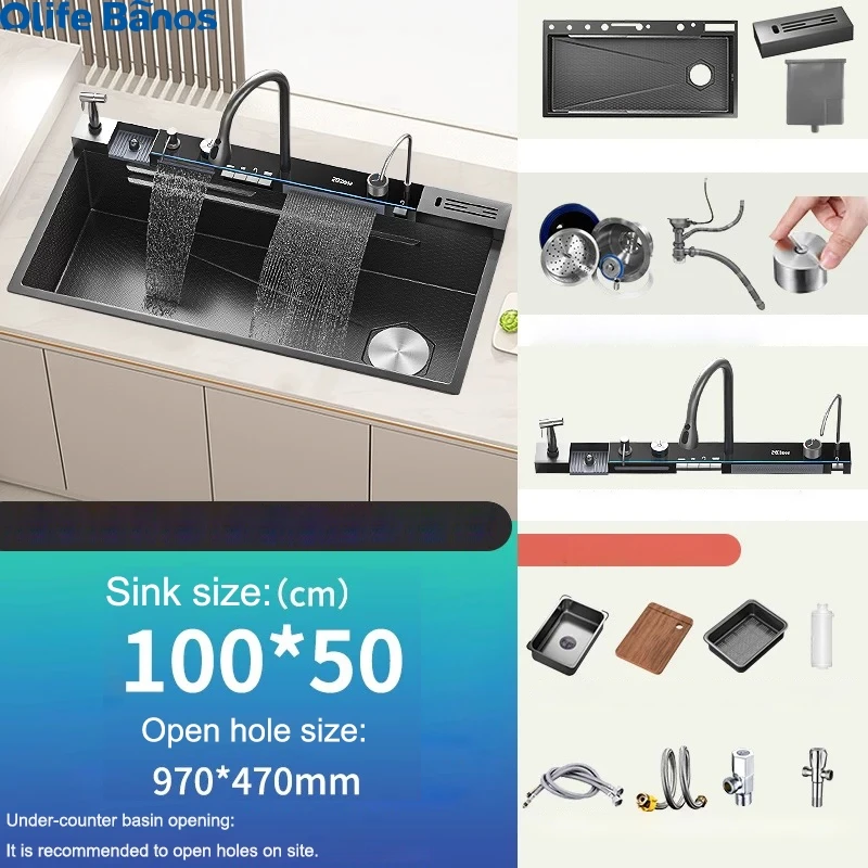 New Trend 100cm 40 Inch 304 SUS Multifunctional Smart Piano Digital Display  Waterfall Faucet Kitchen Sinks With Knife Holder factory