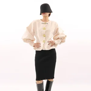 Factory Wholesale Autumn New High-End Solid Color Top Slimming Fashion Long Lantern Sleeve Matel Button Elegant Jacket Women