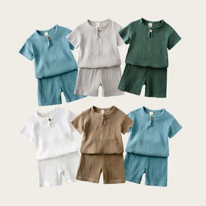 Custom Summer Kids Boys Clothing Solid Casual Cotton Linen Short Sleeve Toddler Clothes Wholesale Children T-shirt Shorts