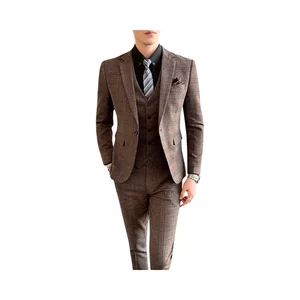 Men's Three-Piece Business Suit Plus Size Breathable Slim Plaid Single Breasted Flat Viscose/Cotton Waterproof Worsted Fabric