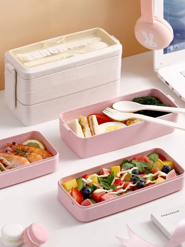 Lunch Box Microwave Safe Food Container Divided Rectangle Wheat Straw