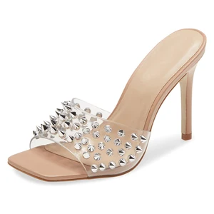 Silver Studs Mules Square Toe High Heel Summer Clear PVC Women Sandals 2022