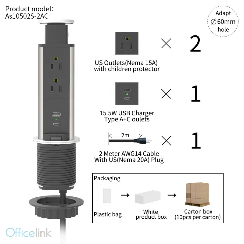US Power Strip with USB Type C Charger for Office Furniture