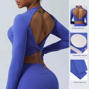Crew Neck Long Sleeve Crop Tops Athletic Yoga Fitness Gym Wear T-shirt with Padded Hollowed-out Back Breathable Logo on Front