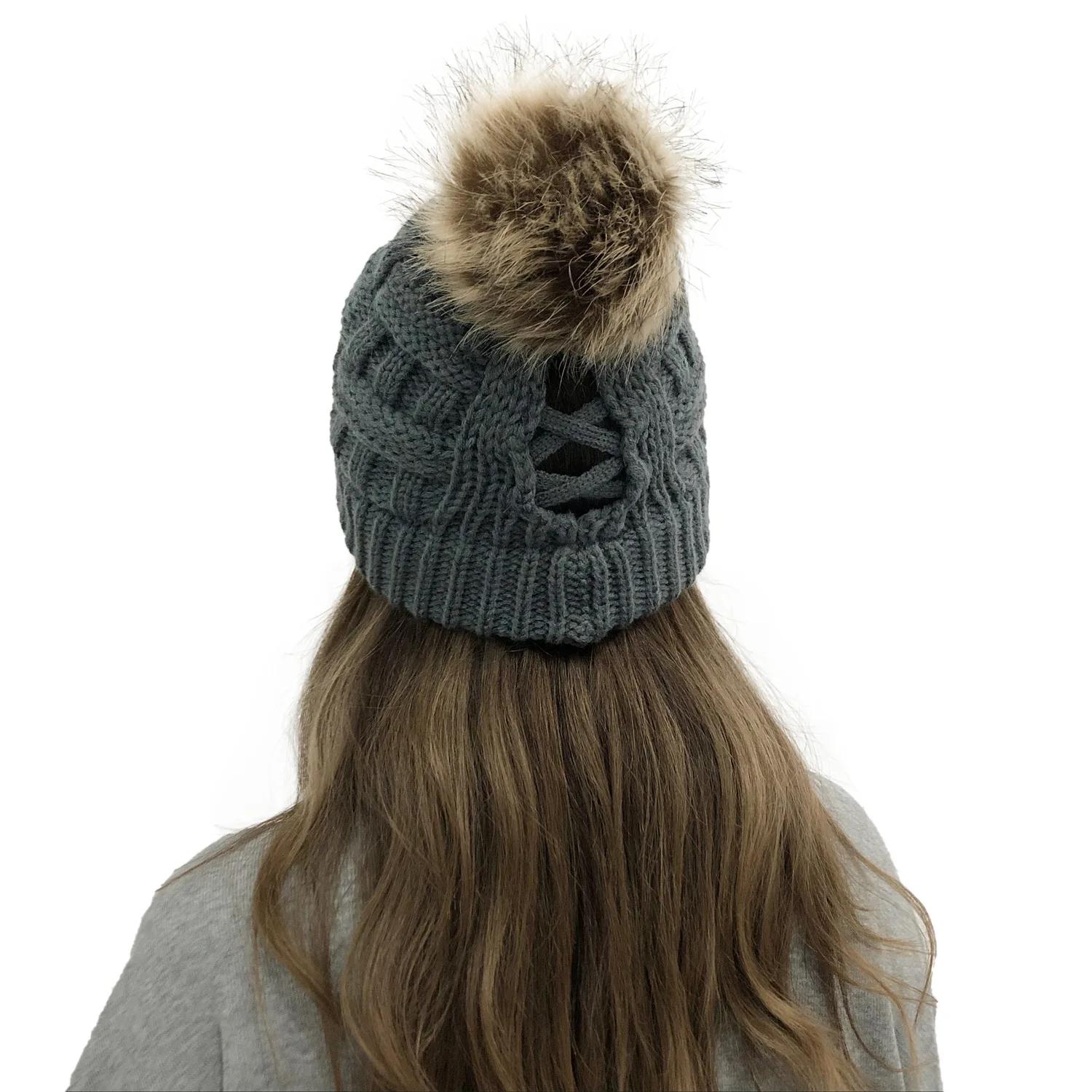 Cable Knit Hat Cap With Ponytail Hole 
