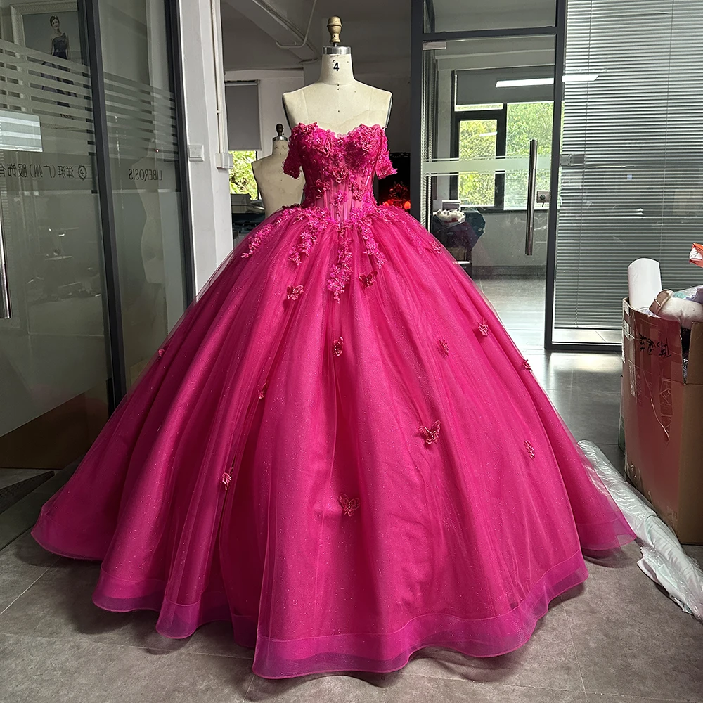 Rose Red Quinceanera Dresses Sweetheart Off Shoulder Princess Sweet 15 16  Years Birthday Prom Party Gown Backless LSYB08-3