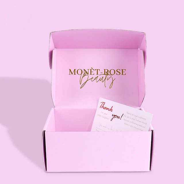 Pink Gift Box Package Customized Logo Printed Shipping Mailer Box Corrugated Gold Foil Stamping details