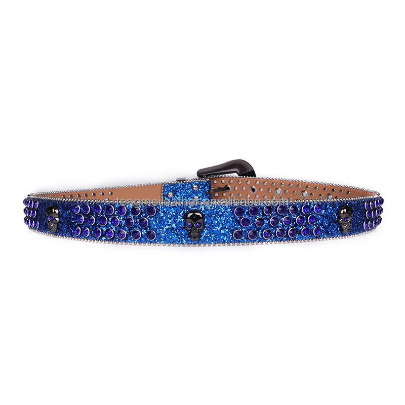 Unisex Rhinestone Bling Belt - Blue and Silver - Skulls - Rhinestones -  Faux Leather - FBL21-DL