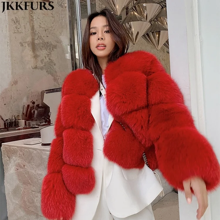 Jancoco Winter Thick Warm Genuine Finland Crop Jacket Real Fox Cropped Blue Fur Coat Women