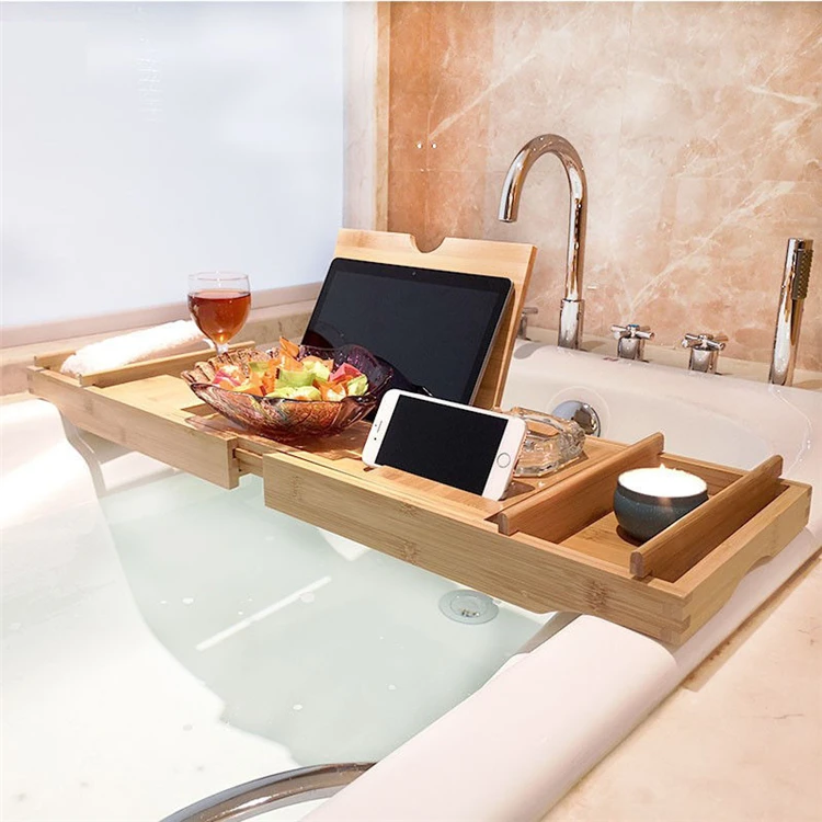 Bamboo Expandable Bathtub Caddy Tray For Bath Tub Wooden Adjustable For Luxury And Relaxing With