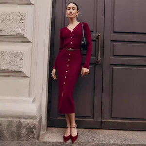 Autumn Winter Fashion Single Breasted Knit Maxi Dress Slit Evening Party Dress 2024 Elegant Long Sleeve Sweater Dress for Women