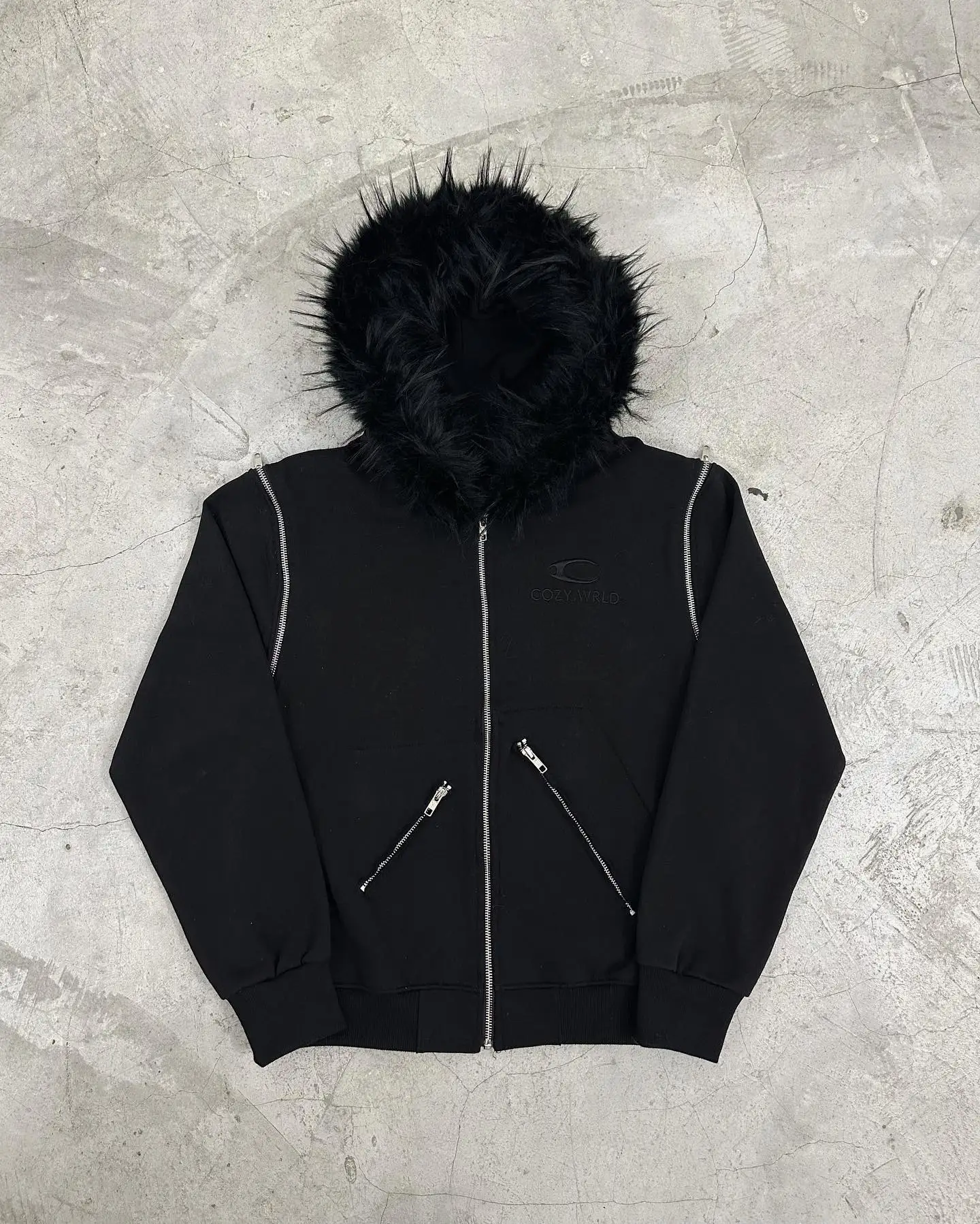 Customized Street Wear Oversized Blank Detachable Sleeve No String Cotton French Terry Zip up Faux Fur Hood Jacket Hoodie Men gallery 7