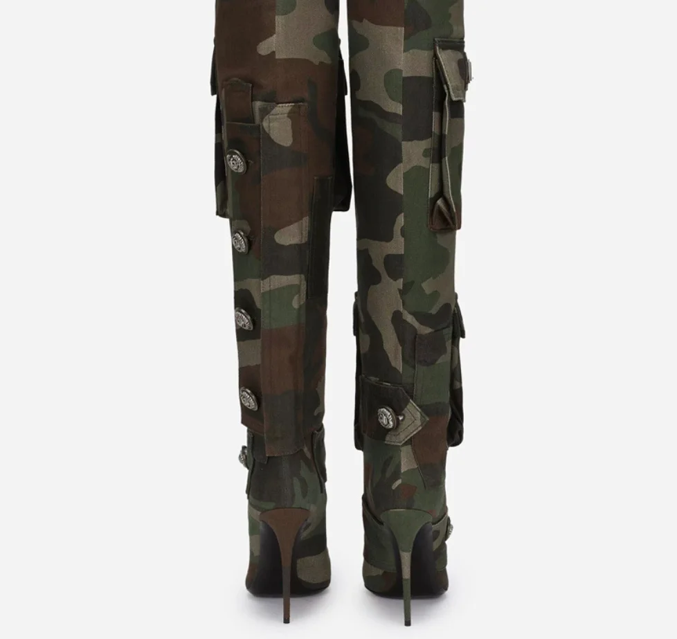 New Styles Camouflage Cloth Boots High Heel Fashion Large Size With Belt Women Over The Knee Boots - Image 3