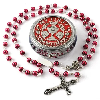 Hot Selling Red Rosary 6mm Glass Pearl Beads Catholic Rosaries Necklace for First Communion with Metal Gift Box