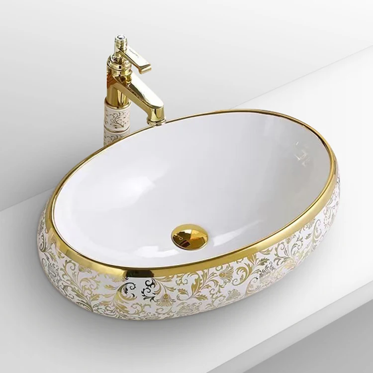 Luxury Golden Vanity Table Top Wash Basin Ceramic Art Oval Lavabo Electroplated Bathroom Vessel Sink