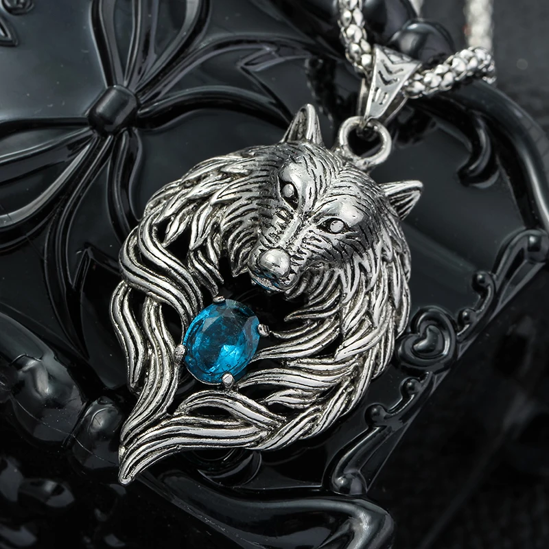 Blue Crystal Stone Wolf Pendant Necklace Wholesale Silver