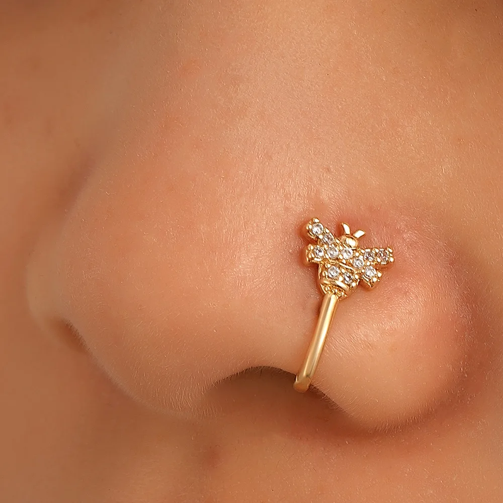 2022 New Trendy Luxury 20 Styles Arrow butterfly Crown Bee love Heart Gold Plated U Shape Non Piercing Nose Rings