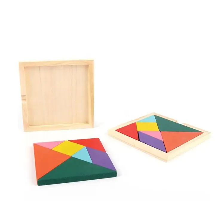 Hot Interactive Learning Education Wooden Tangram Jigsaw Toys Board Colorful Tangram Multicolour Wood Geometric Shape DIY Puzzle