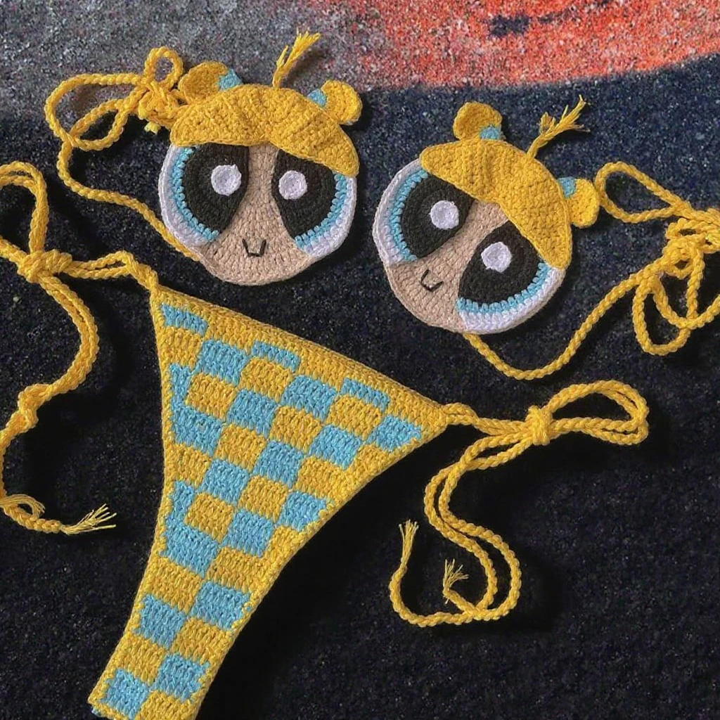 2025 Custom Crochet Knit String Cartoon Micro Bikini Set Handmade Cute Red Checkered Sexy Beachwear Fruit Fashion Custom Bathing