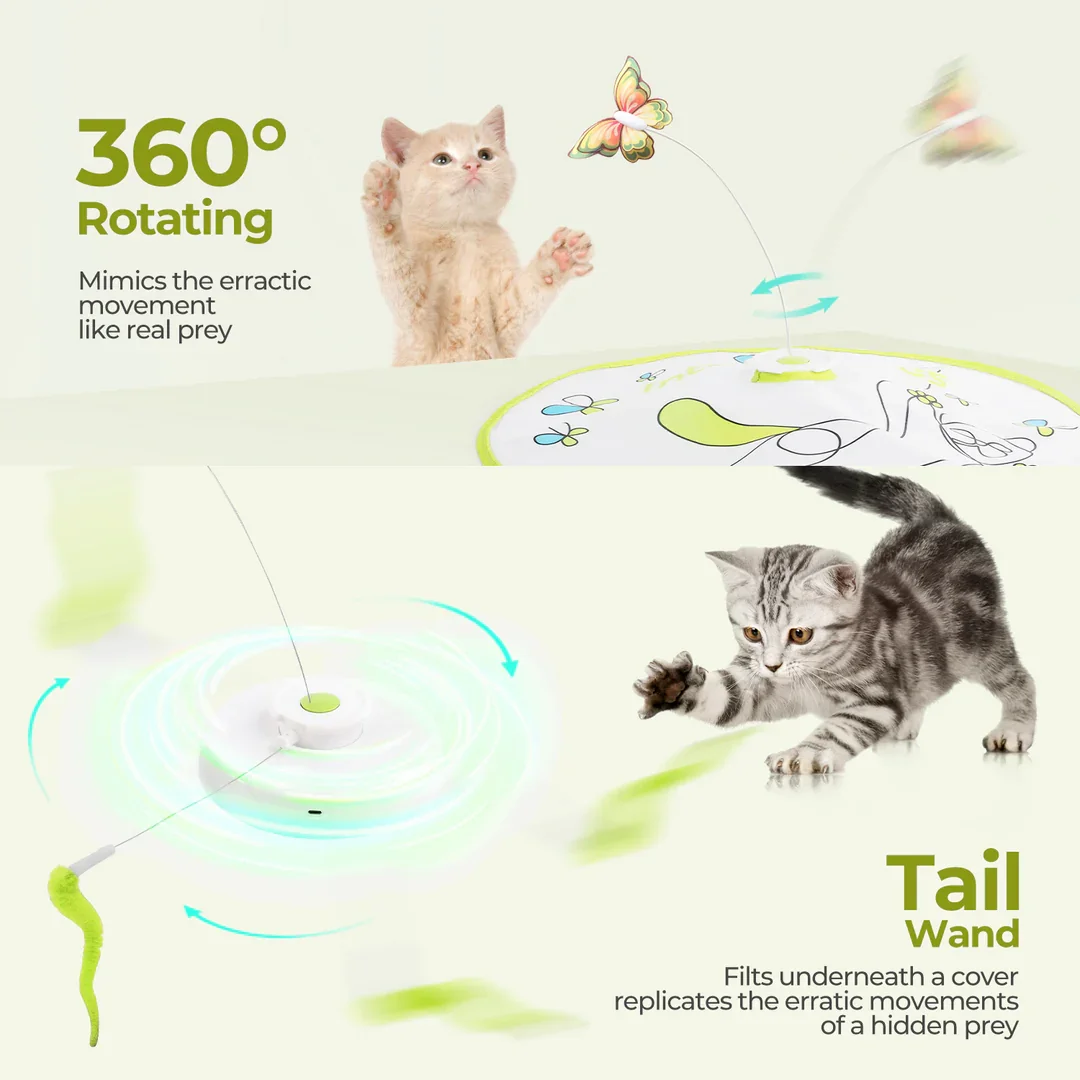AFP Interactive Hide Seek Cat Teaser Toy Automatic Rotating Butterfly Cat  Wand Toy Flutter Bug Tail Electric Cat Movement Toy