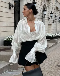 Elegant Lapel Flare Sleeve Sheer Women's Blouses & Shirts Casual Streetwear See Through Ladies Tops Blouse Tops