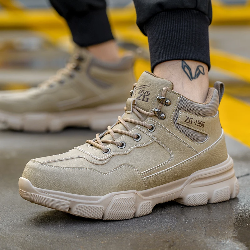 Zg 902 Steel Toe Work Boots For Men Beige High Cut Safety Shoes - Main Image