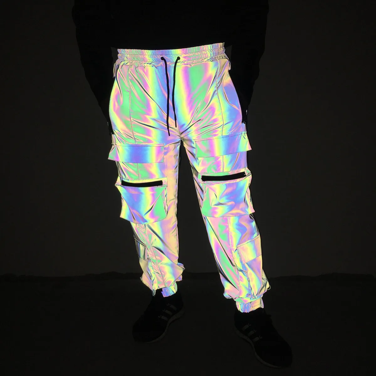 Wholesale Iridescent polyester hip-hop casual sports pants mens multi-pocket reflective cycling trousers for winter in high visibility From m.alibaba