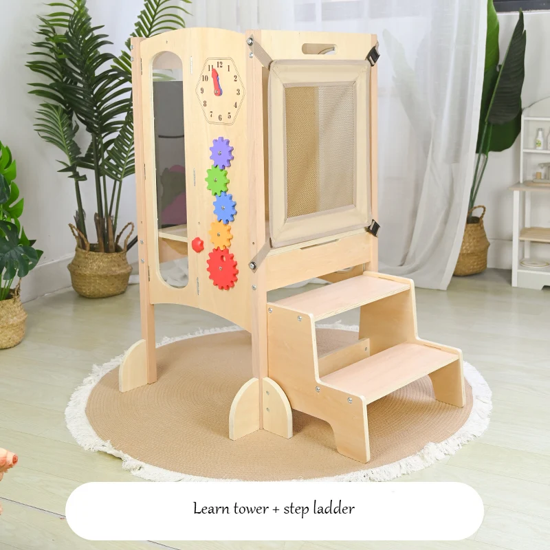 Toddler Kitchen Helper Step Stool Learning Tower Wooden Montessori Adjustable Height Stool Kids Multifunction Learning Tower