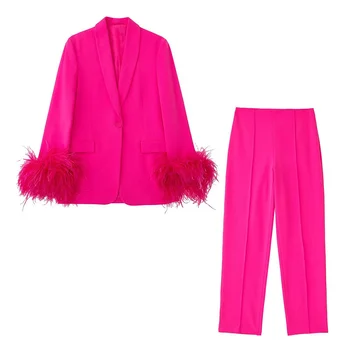 S198uropean and American Women's Fashion Feather Straight Suit Fuchsia Single Button Business Party Jacket With Fur