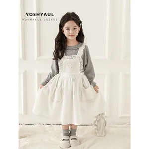 YOEHYAUL C3284 Sweet Embroidery Baby Girl Dress Designs with Lace Solid Beige Kids Cotton Dress Girls Overalls